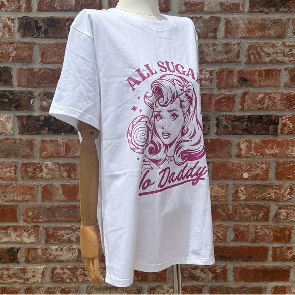 NWOT “All Sugar No Daddy” Retro Barbiecore White and Pink T Shirt /Avail in L - Picture 5 of 11